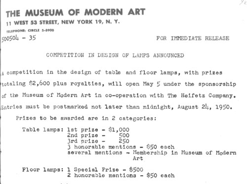 Extracto de las bases del concurso de lámparas organizado por el MOMA en 1951